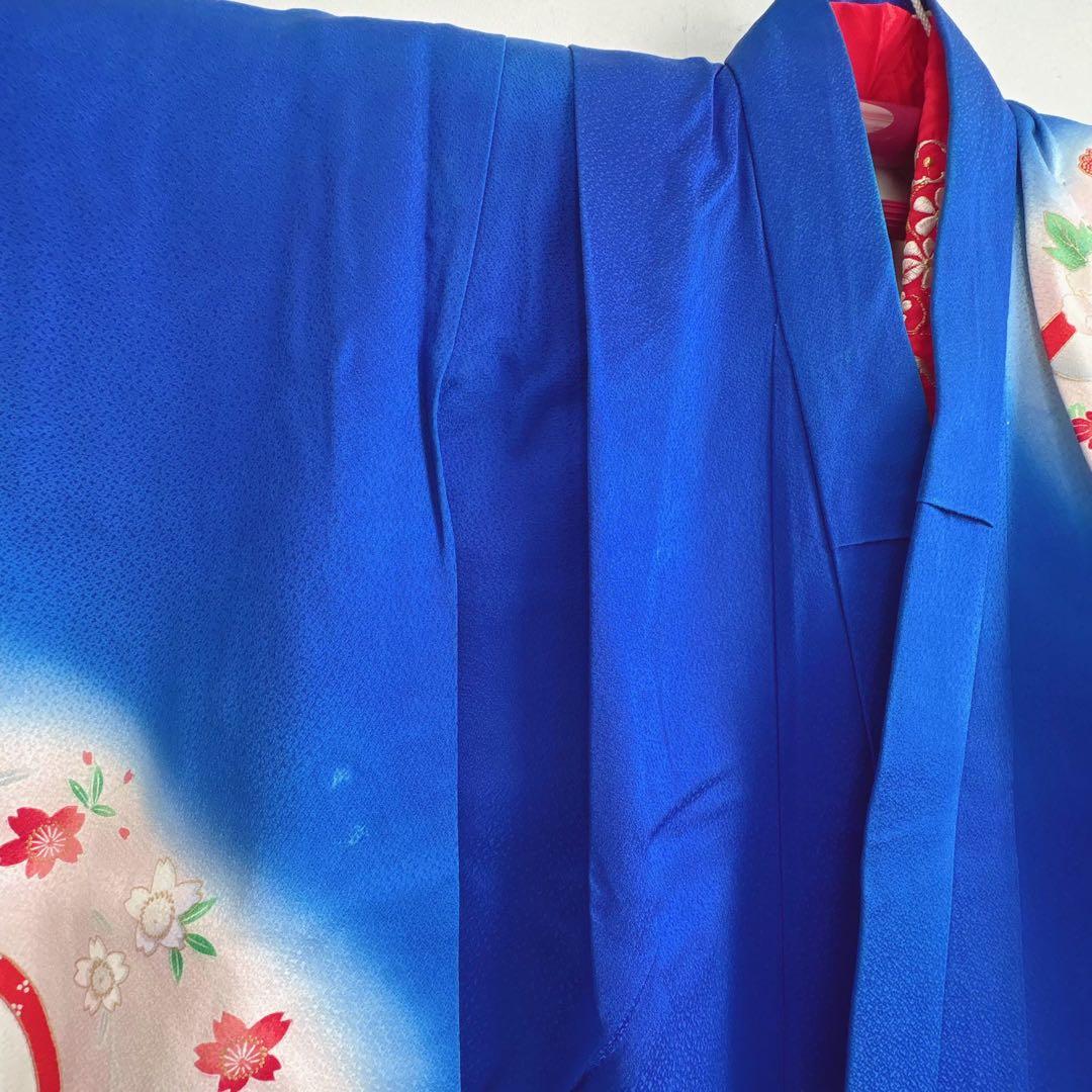 セット　七五三７歳女の子　青地花御所車　黒地袋帯　青海波金　袖なし長襦袢7103