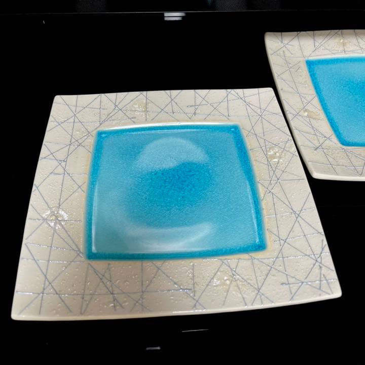 新品 有田焼 一珍 メイン皿 四角皿 皿 プレート 波佐見焼 青 ラスター
