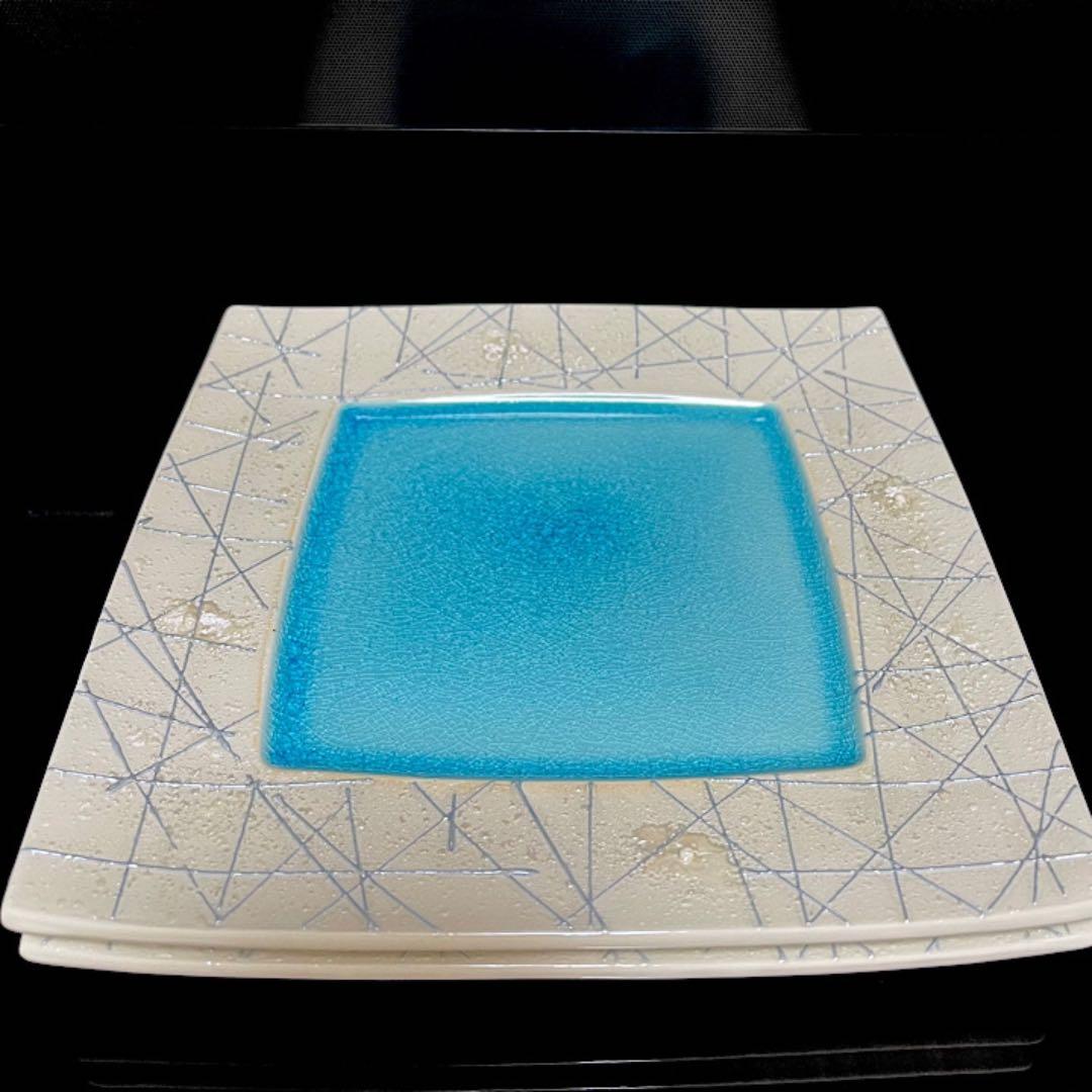 新品 有田焼 一珍 メイン皿 四角皿 皿 プレート 波佐見焼 青 ラスター