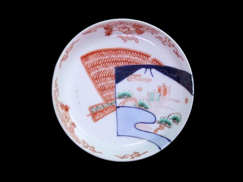 古伊万里 色絵 羊歯文様に松原帆掛け船 富士の図 5枚 B992AS-DAi