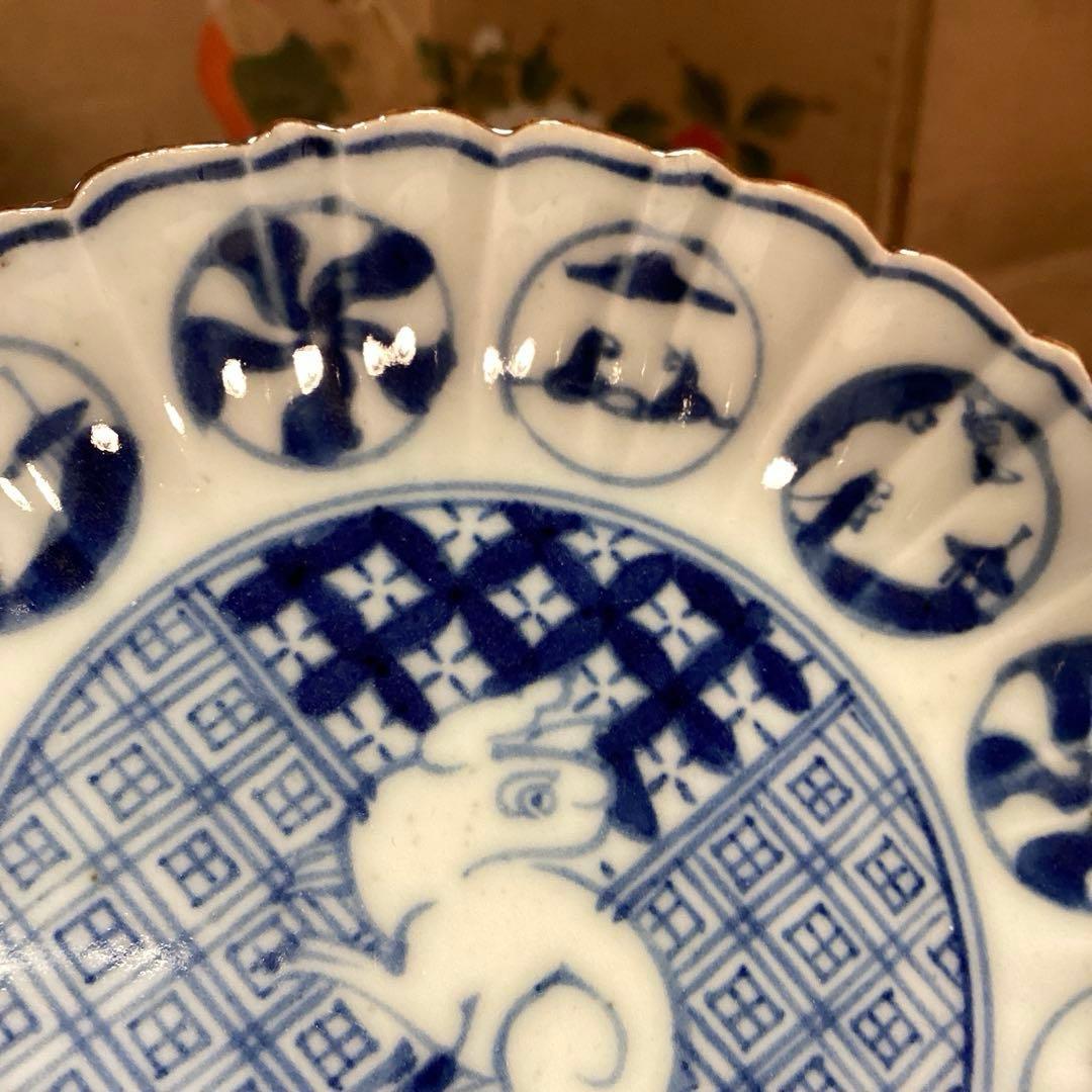 A923 大聖寺伊万里　染付　見込兎　縁紅　丸紋　菊型　小皿　　５枚