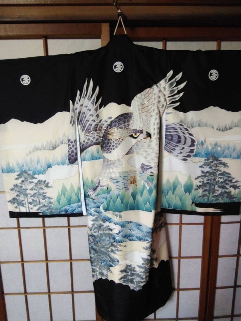 男の子用・3歳から5歳向け・表側正絹・お着物とお被覆のセット・巾着付き