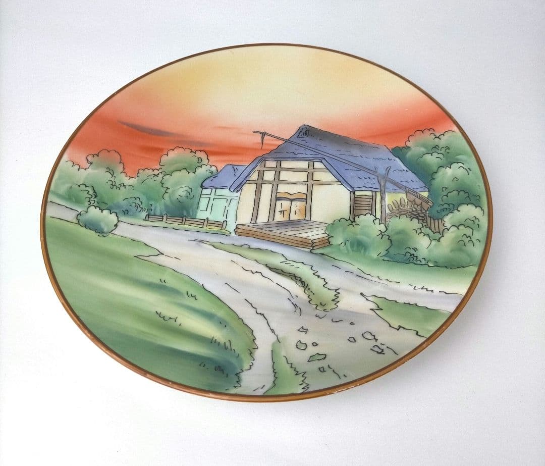 美品★オールドノリタケ 川辺 乾拭き屋根 田園風景絵 皿