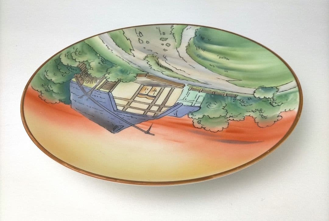 美品★オールドノリタケ 川辺 乾拭き屋根 田園風景絵 皿