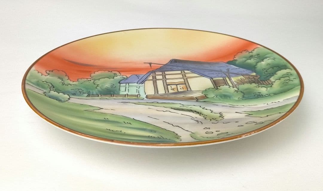 美品★オールドノリタケ 川辺 乾拭き屋根 田園風景絵 皿