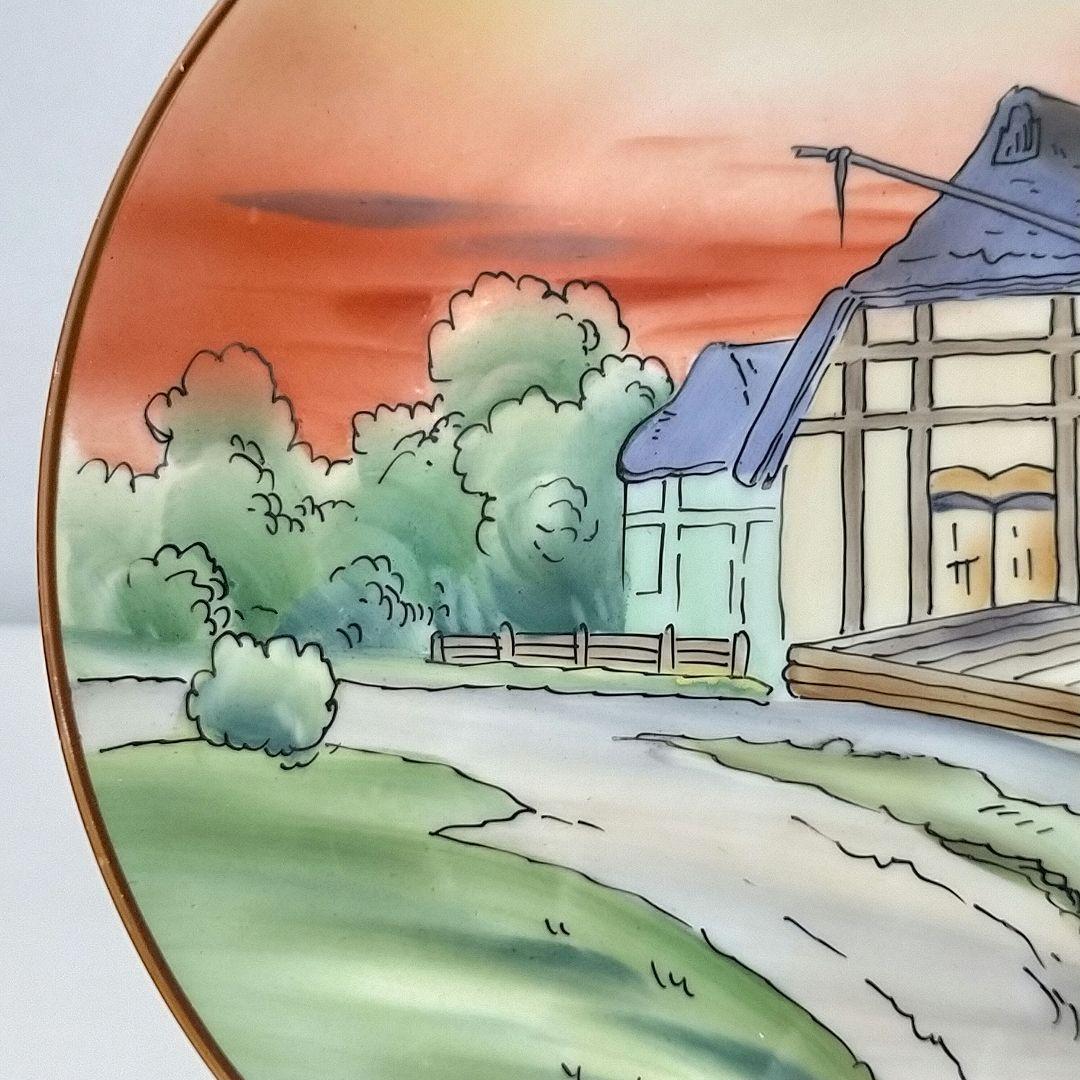 美品★オールドノリタケ 川辺 乾拭き屋根 田園風景絵 皿