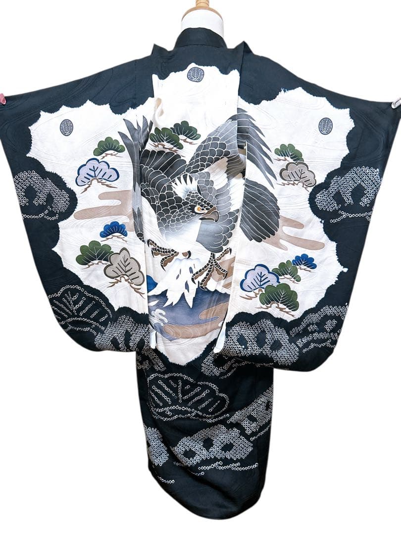 総絞り被布フルセット♡七五三　3歳　男の子　一式　黒系　鷹