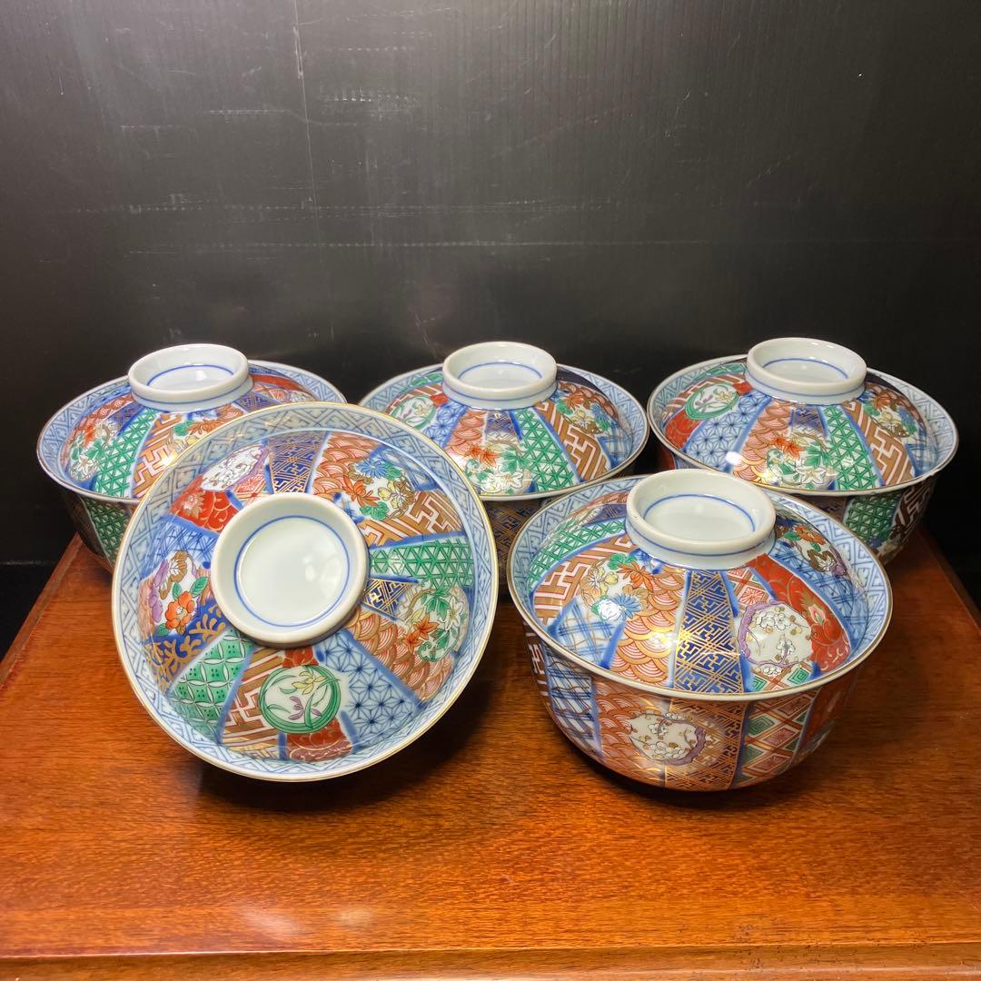 龍峯窯 祥瑞花丸紋蓋物揃 5客セット 金彩古伊万里蓋付き丼ぶり T0902-2