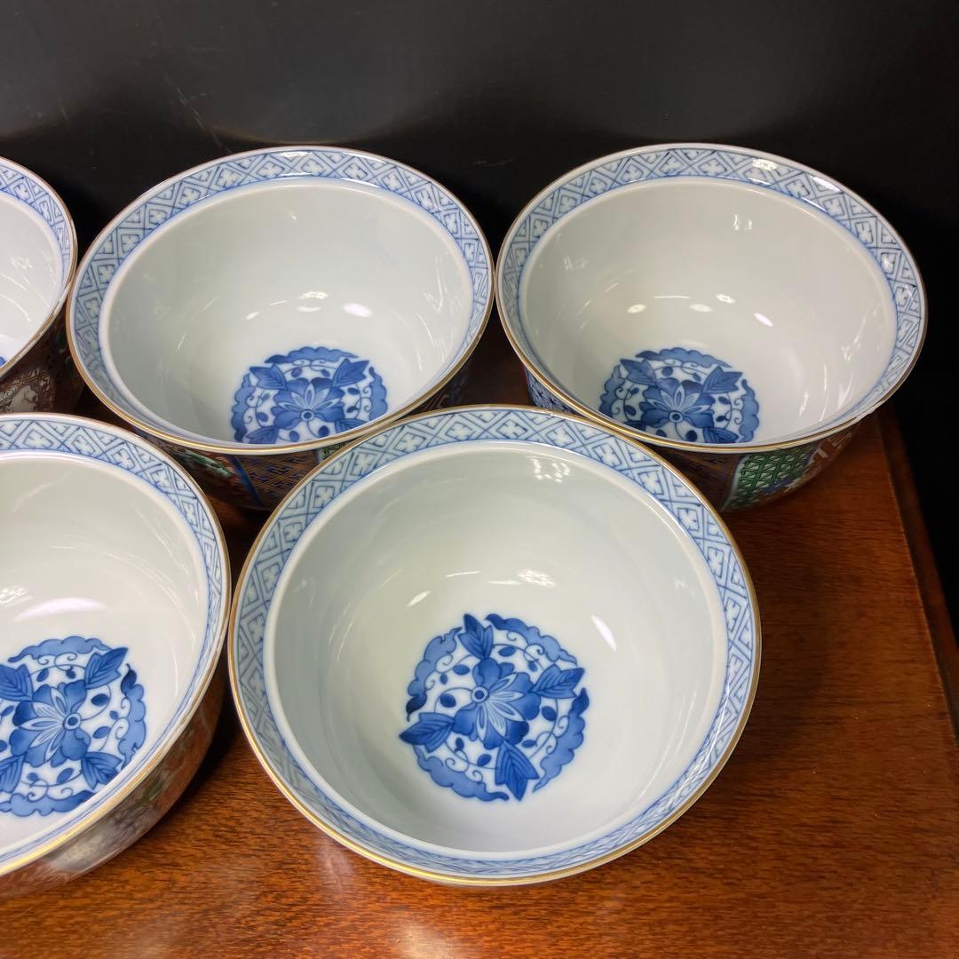 龍峯窯 祥瑞花丸紋蓋物揃 5客セット 金彩古伊万里蓋付き丼ぶり T0902-2