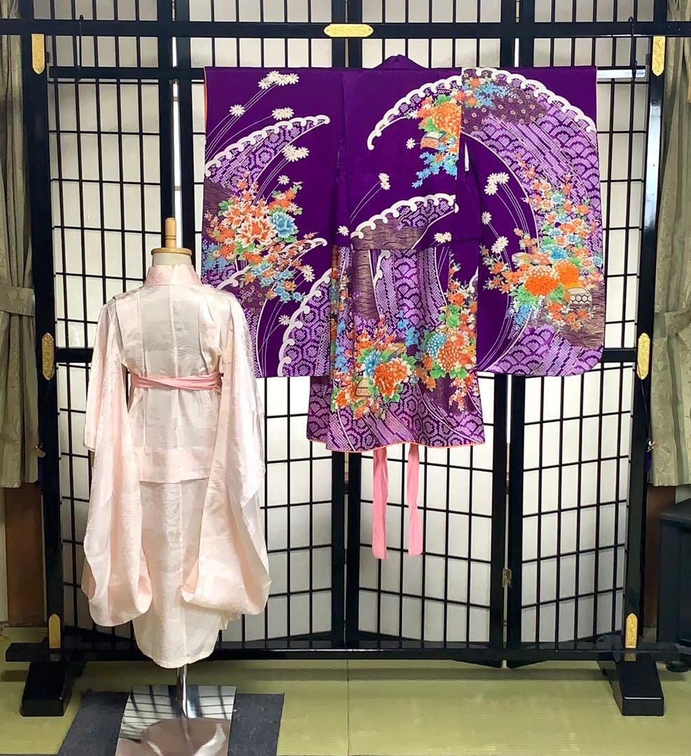【美品】七五三フルセット　7歳　晴れ着　キッズ　子供　着物　身丈92cm 紫系
