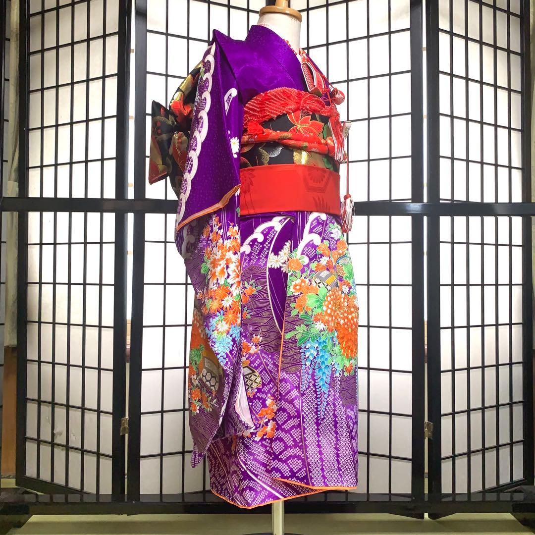 【美品】七五三フルセット　7歳　晴れ着　キッズ　子供　着物　身丈92cm 紫系