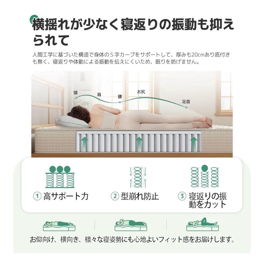 マットレス セミダブル 極厚20cm 硬め ポケットコイル 硬さ180N高反発