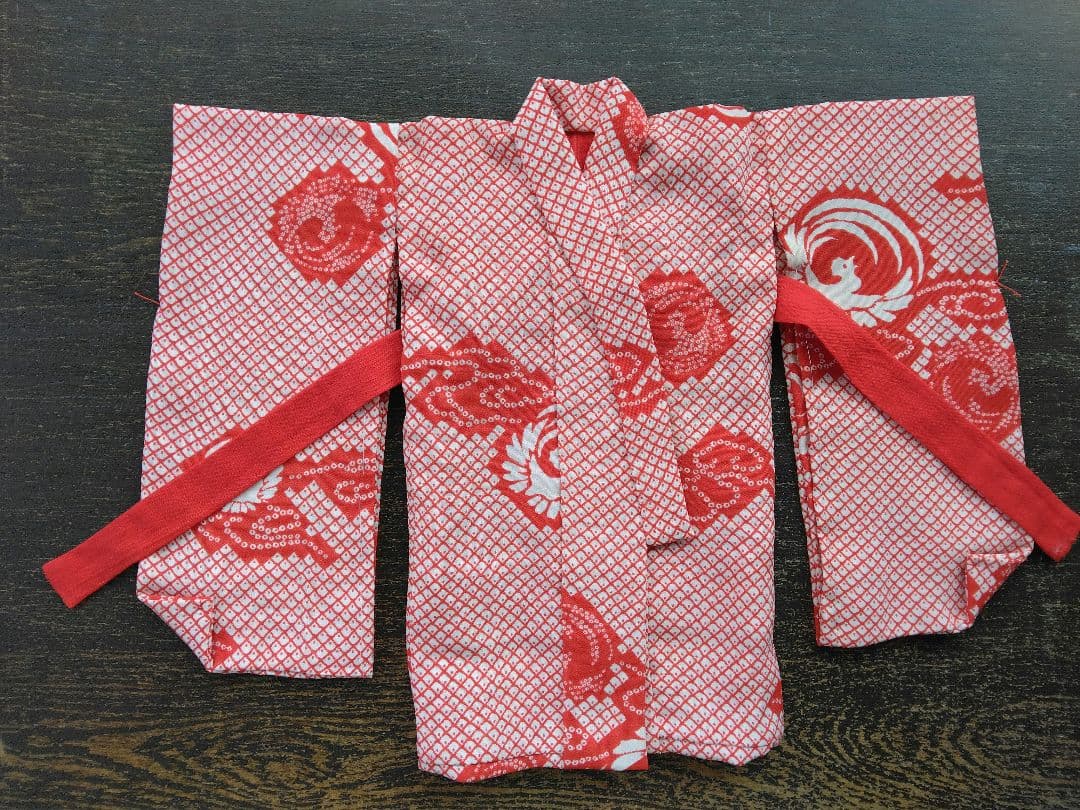 8号市松人形重ね衿付き着物、長襦袢セット(正絹)