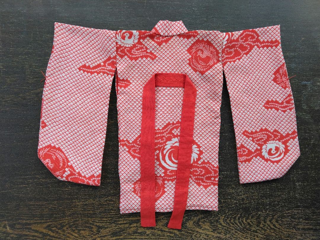 8号市松人形重ね衿付き着物、長襦袢セット(正絹)