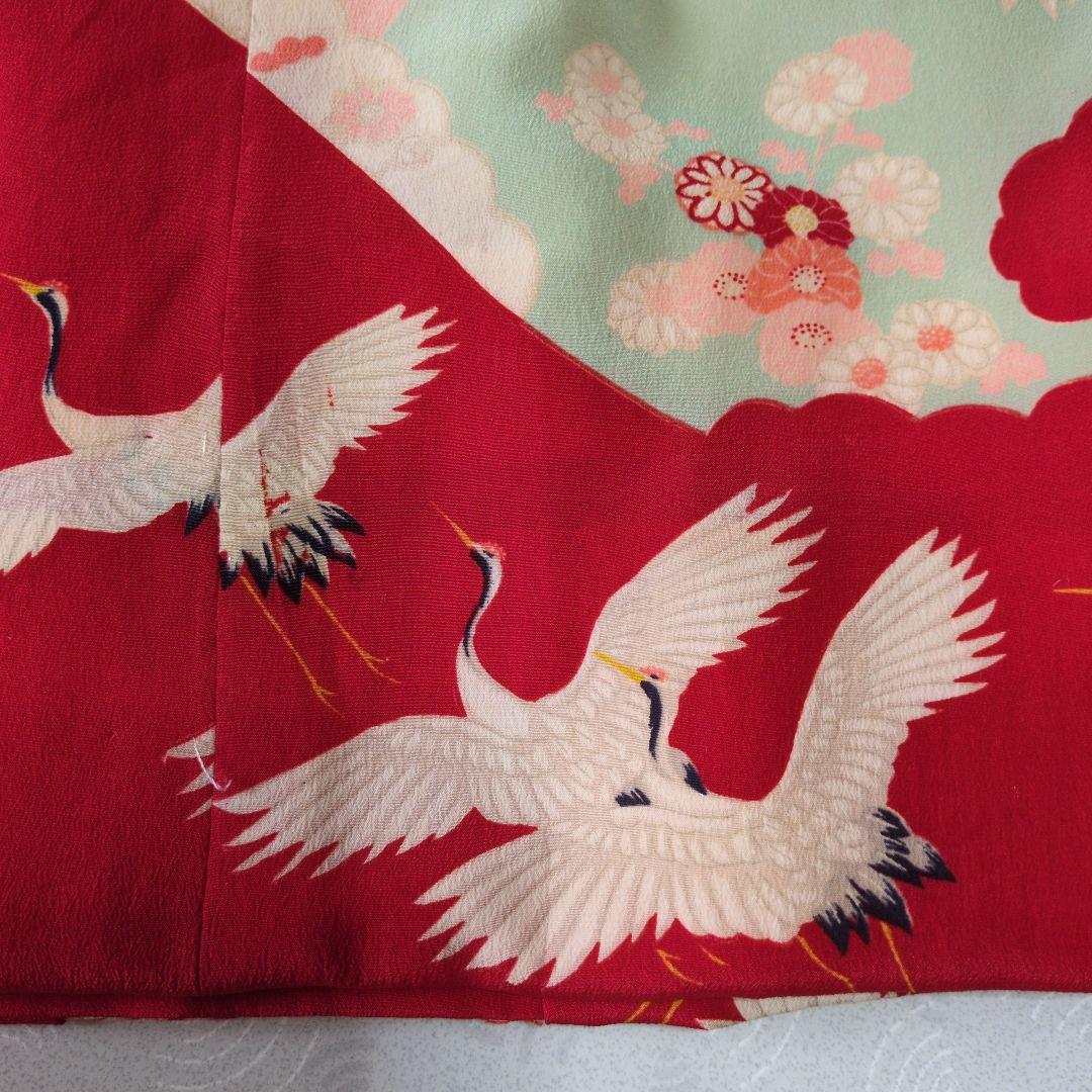 七五三３歳正絹赤色鶴柄の被布(中綿無し）