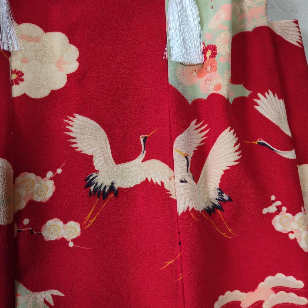 七五三３歳正絹赤色鶴柄の被布(中綿無し）