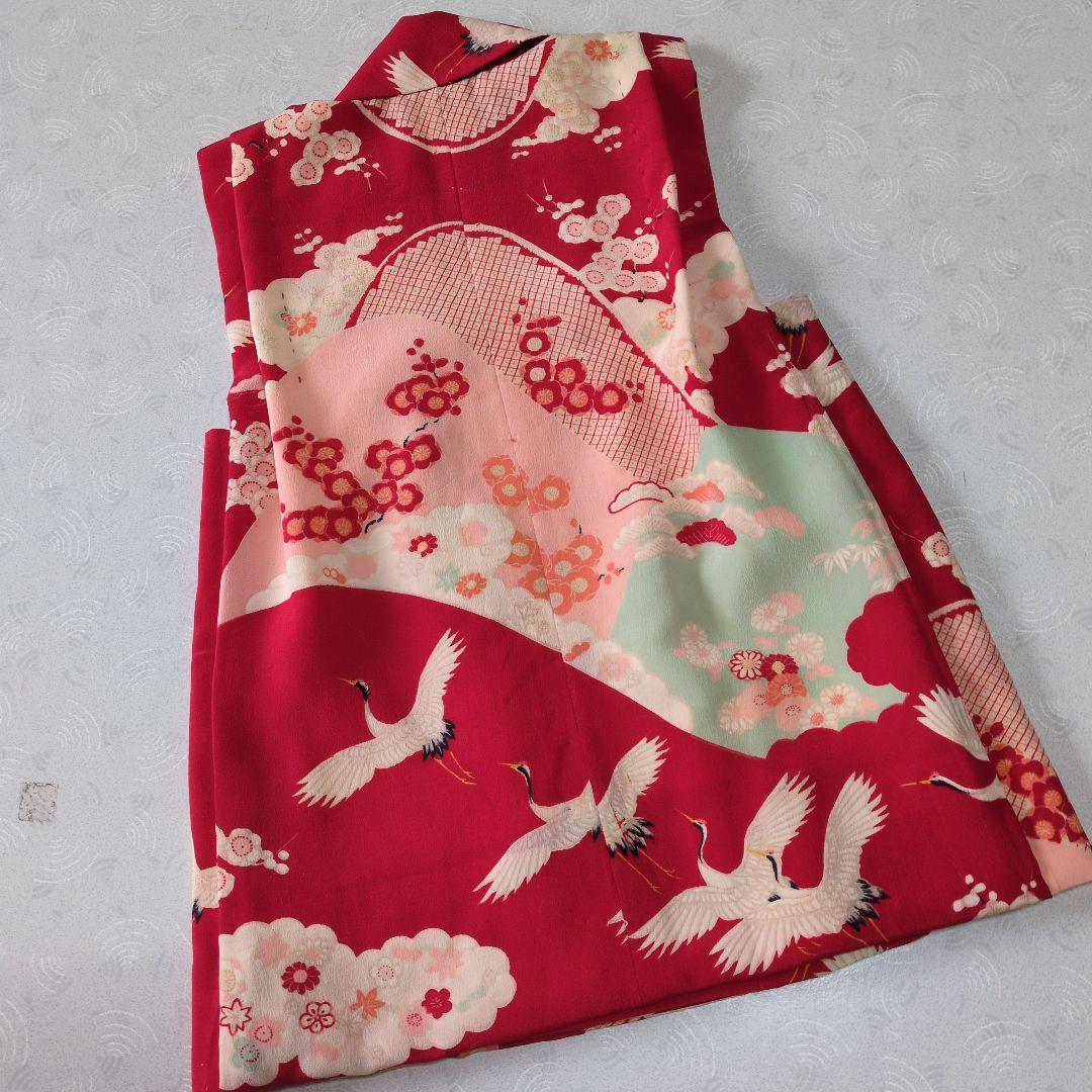 七五三３歳正絹赤色鶴柄の被布(中綿無し）