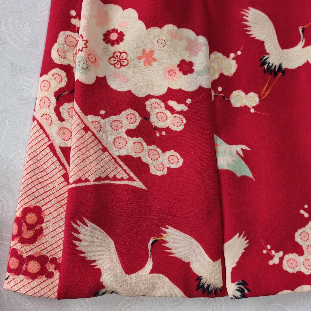 七五三３歳正絹赤色鶴柄の被布(中綿無し）