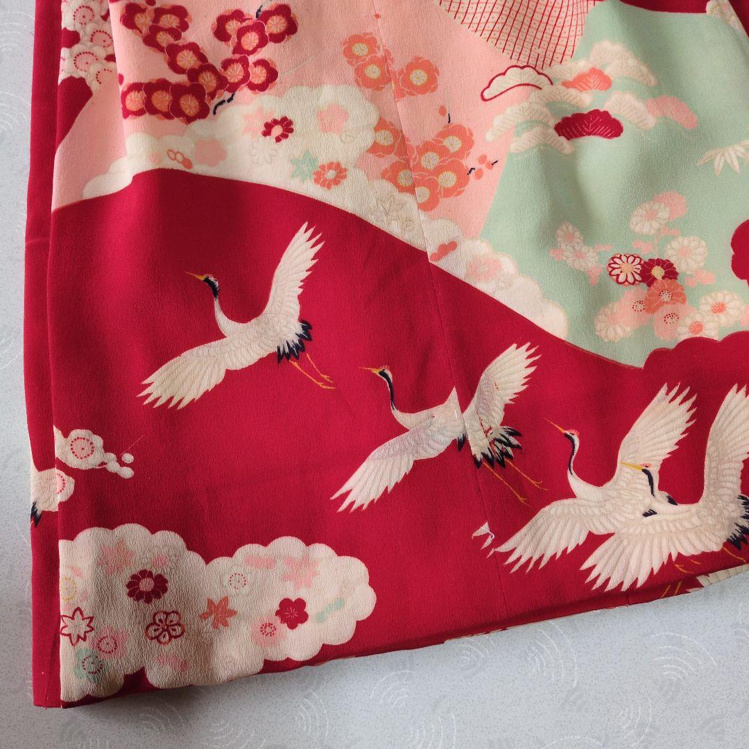 七五三３歳正絹赤色鶴柄の被布(中綿無し）