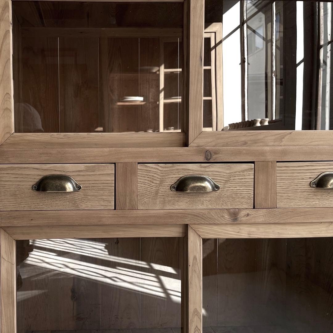 古いガラス戸棚　レトロ　水屋箪笥　食器棚　引出し　古道具　アンティーク