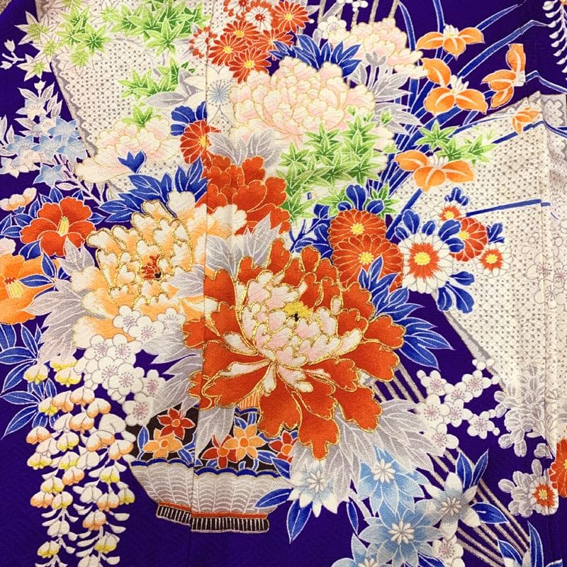 511ag20■七五三 七歳 女児 着物&丸帯 藤 牡丹 青紫■美品