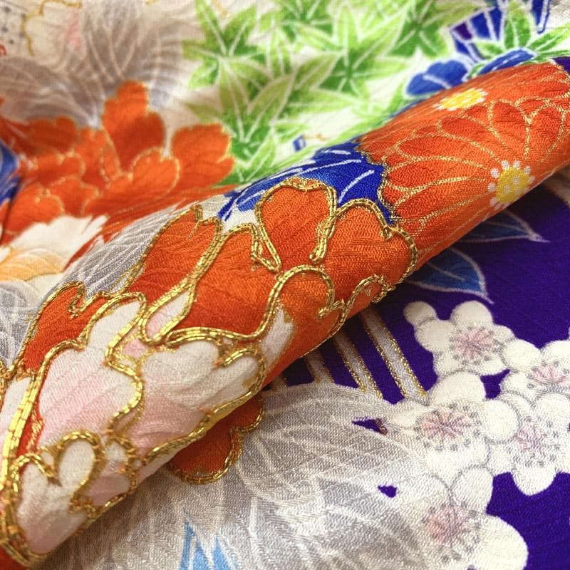 511ag20■七五三 七歳 女児 着物&丸帯 藤 牡丹 青紫■美品