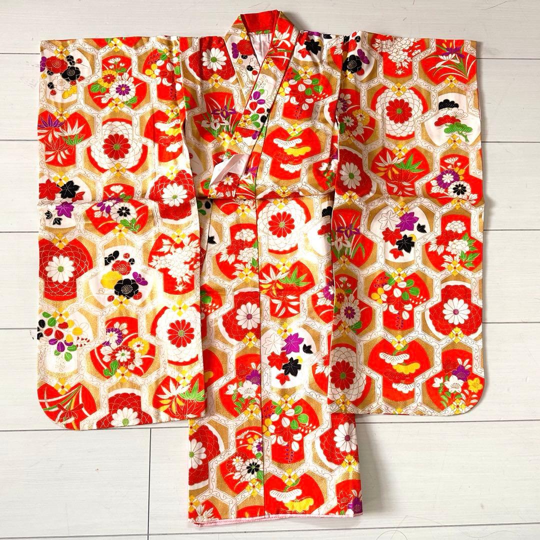 七五三 女の子 着物セット 3歳5歳 アンティーク 金彩入り レトロ柄 長襦袢付