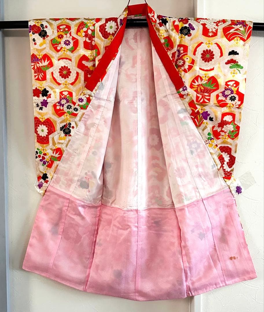 七五三 女の子 着物セット 3歳5歳 アンティーク 金彩入り レトロ柄 長襦袢付