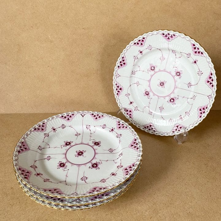 希少 ロイヤルコペンハーゲン 金彩 バーガンディ フルレース　19.5cm 4枚