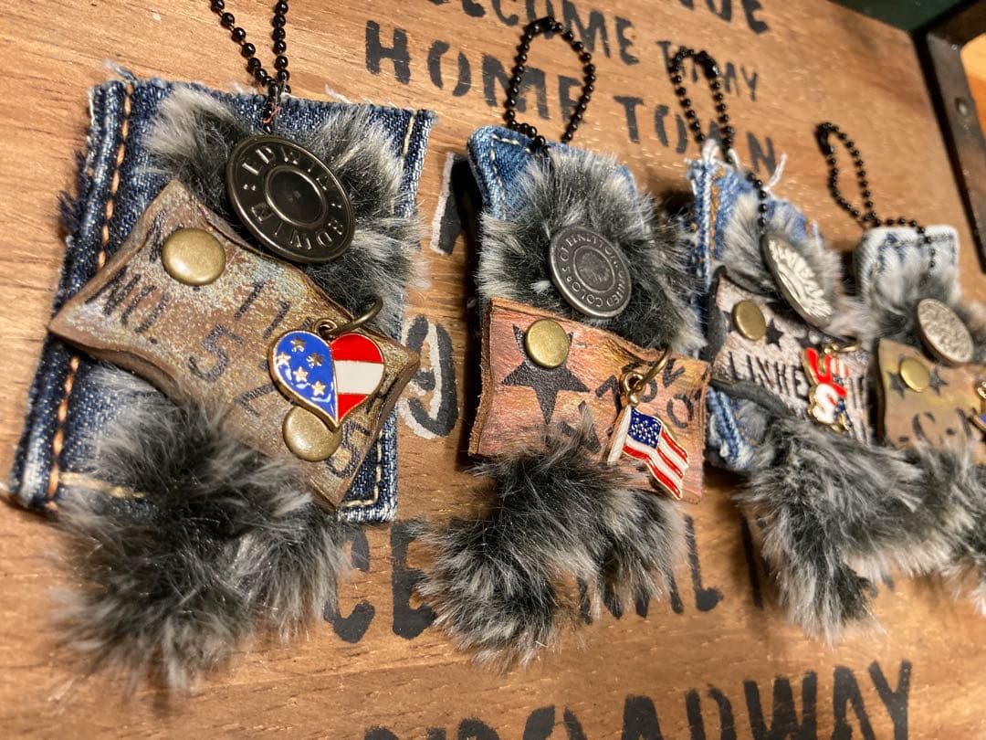 デニムボタン★フワフワチャーム★革タグ④