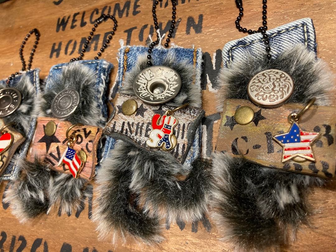 デニムボタン★フワフワチャーム★革タグ④