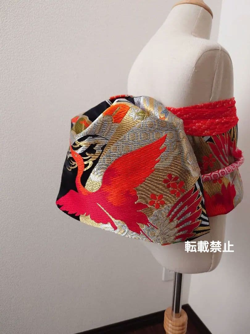 七五三　ハーフ成人式　ジュニア帯　大人用袋帯からの作り帯　鶴柄　1点物　黒