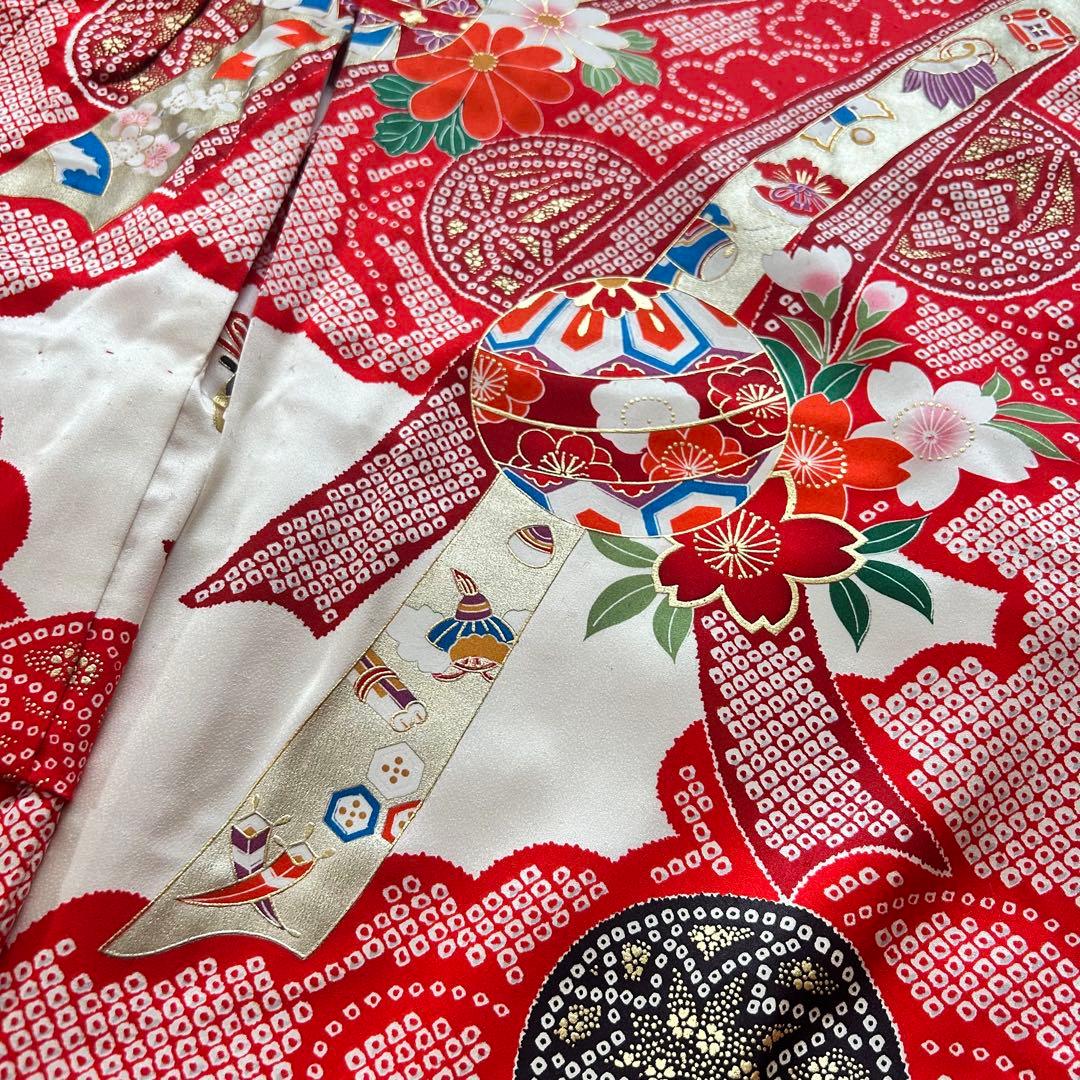 七五三 3歳 着物 753 正絹 被布 絹 絞り柄 三歳 赤 草履 金彩 熨斗目