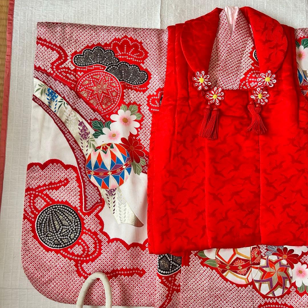 七五三 3歳 着物 753 正絹 被布 絹 絞り柄 三歳 赤 草履 金彩 熨斗目