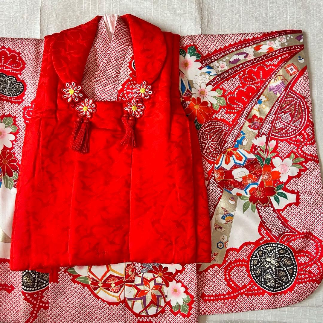 七五三 3歳 着物 753 正絹 被布 絹 絞り柄 三歳 赤 草履 金彩 熨斗目