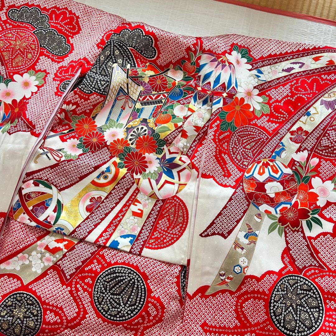 七五三 3歳 着物 753 正絹 被布 絹 絞り柄 三歳 赤 草履 金彩 熨斗目