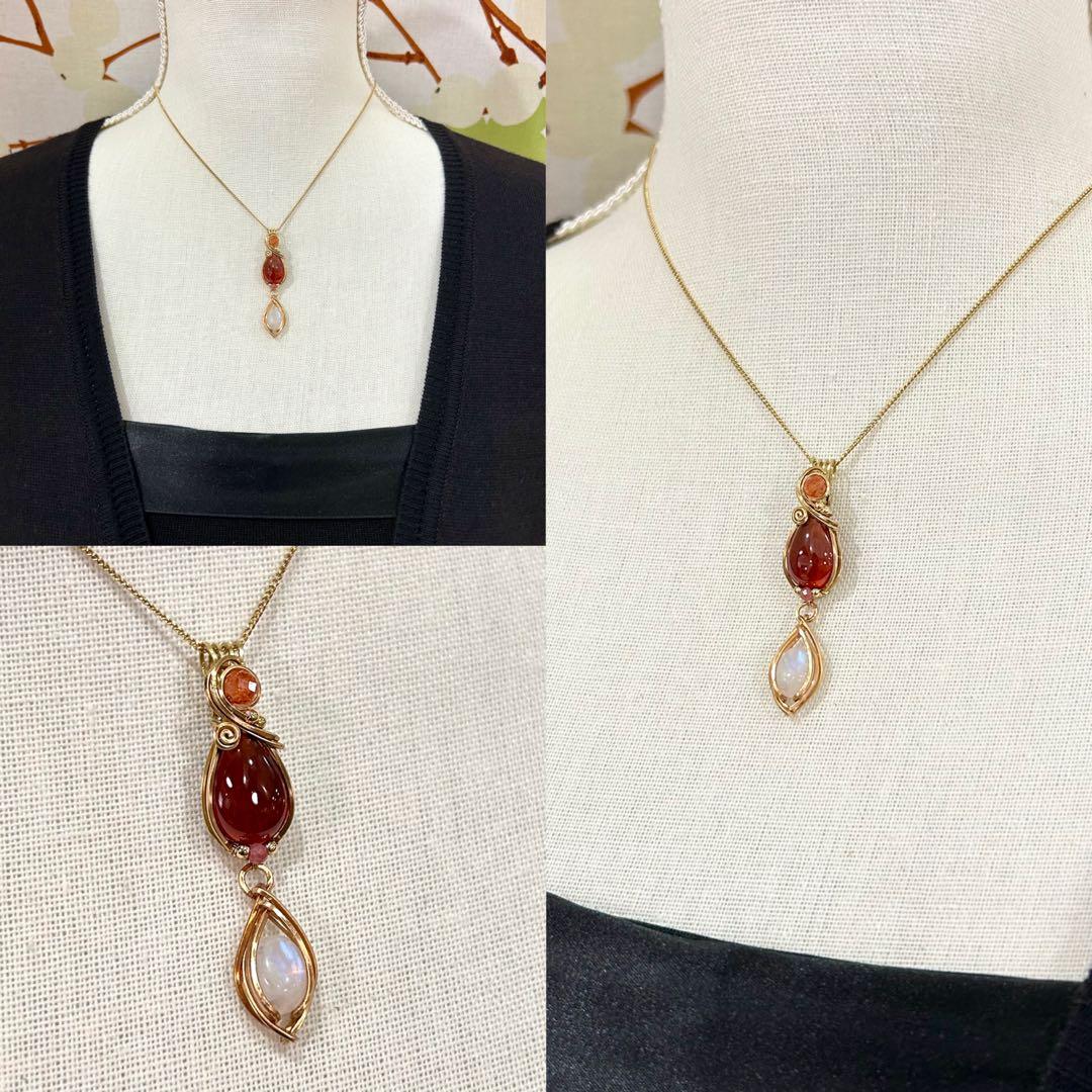 専用ページ☆天然石オレンジガーネット&レインボームーンストーン☆ワイヤーラップ