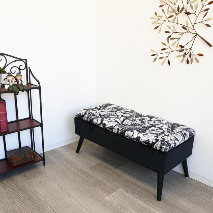 収納ベンチスツール ボタニカル柄 ブラック W89