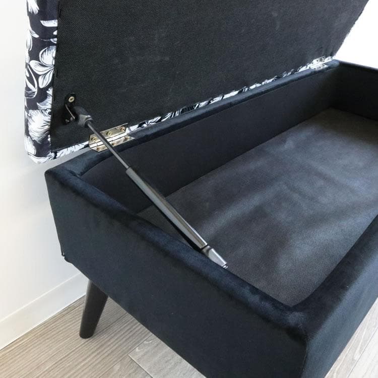 収納ベンチスツール ボタニカル柄 ブラック W89