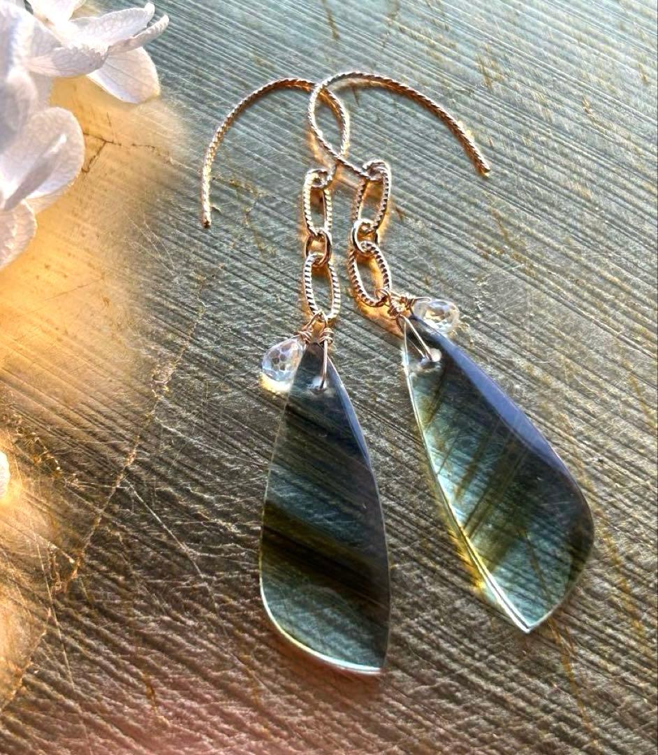 ブルーオブシディアン＆ジルコンのピアス　14kgf