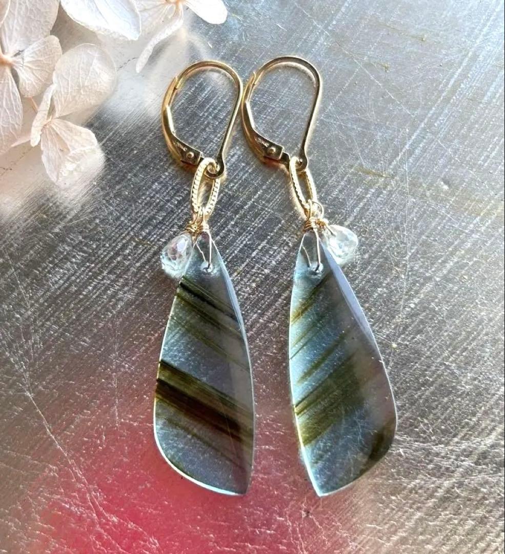 ブルーオブシディアン＆ジルコンのピアス　14kgf