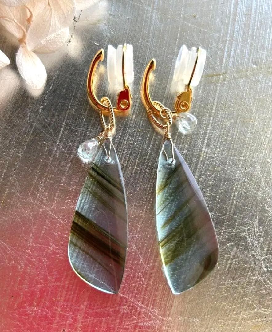 ブルーオブシディアン＆ジルコンのピアス　14kgf