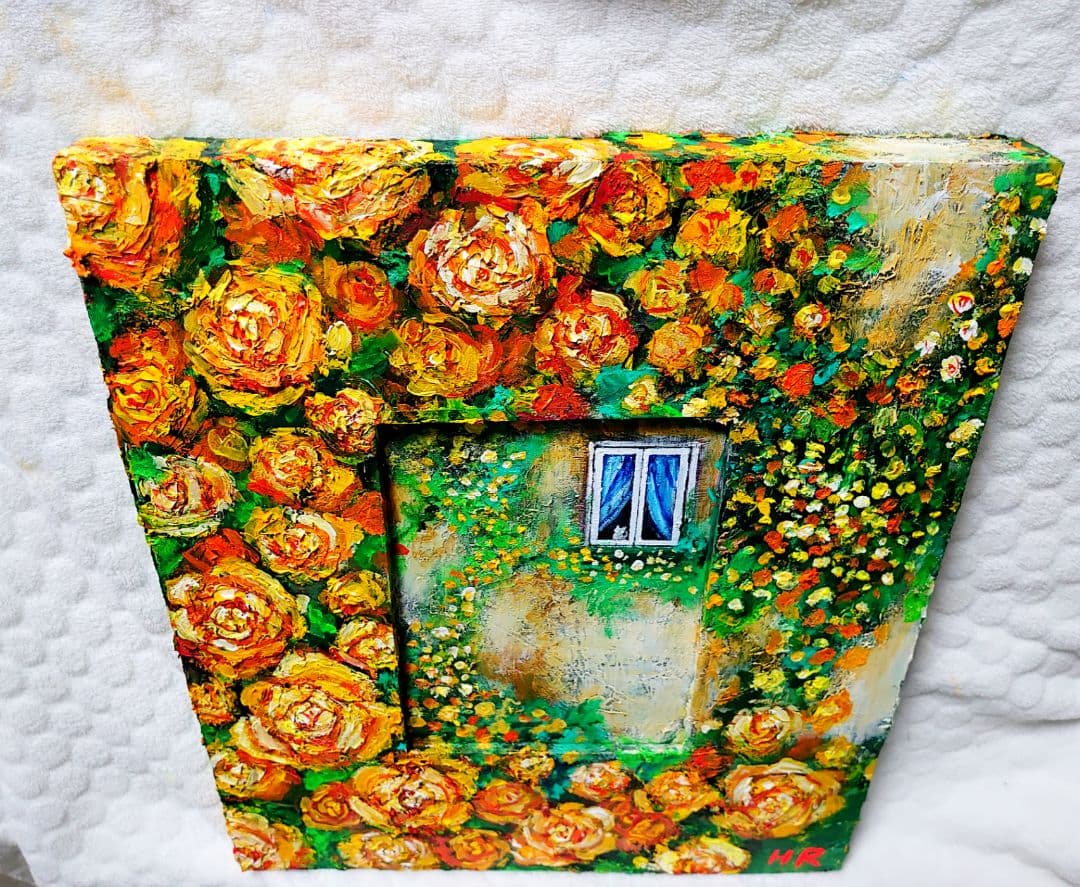 油絵 絵画【猫と黄色薔薇】