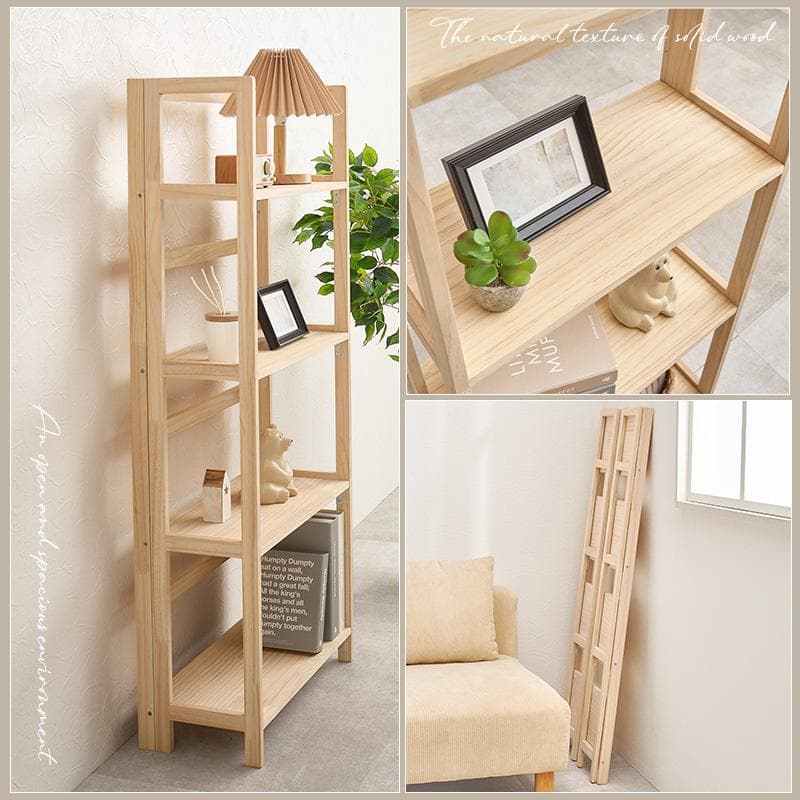 折りたたみ式天然木ラック 4段タイプ 完成品 棚 木製 [8010]