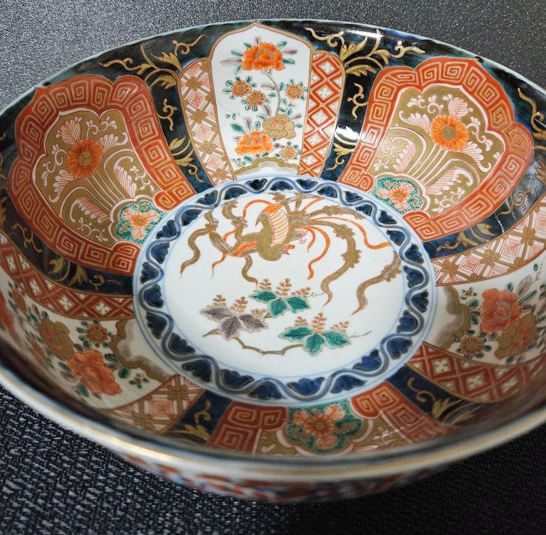 【上作古伊万里❗】明治時代　松政製　 金襴手　桐に鳳凰に花意匠　鉢　24.7cm
