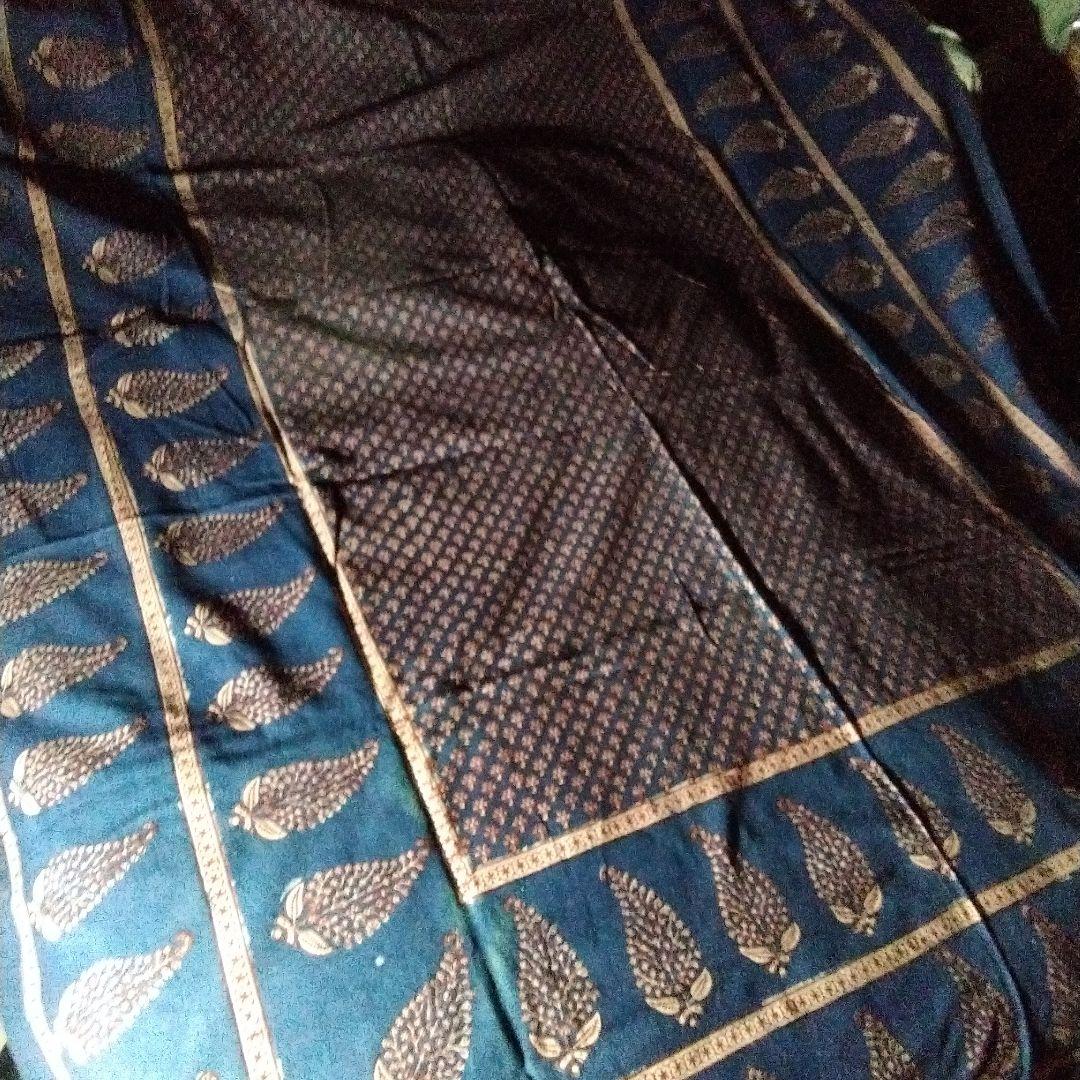 マルチカバー　ブロックプリント　手押し更紗　ベッドスプレッド　シングル