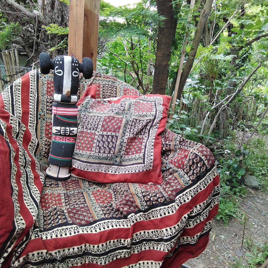 マルチカバー　ブロックプリント　手押し更紗　ベッドスプレッド　シングル