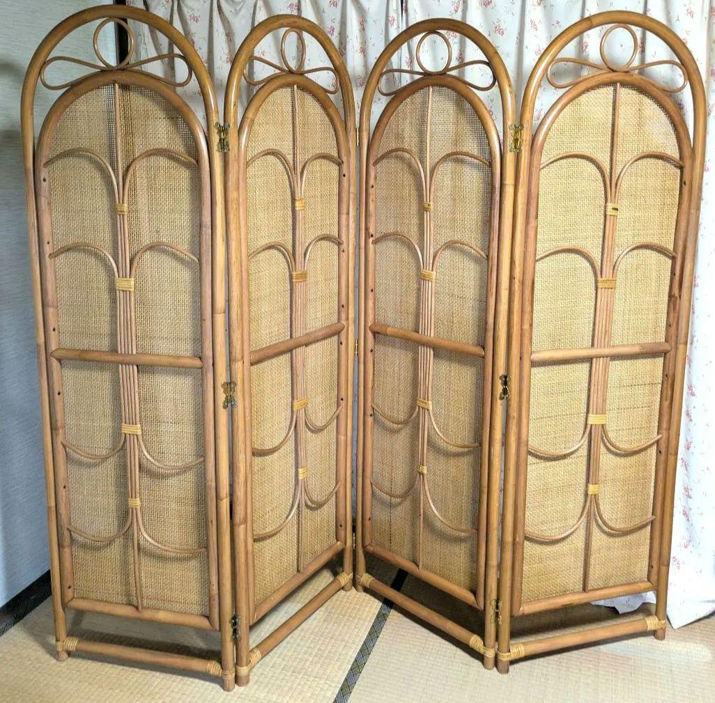 ラタン製 4つ折りパーテーション　４連
