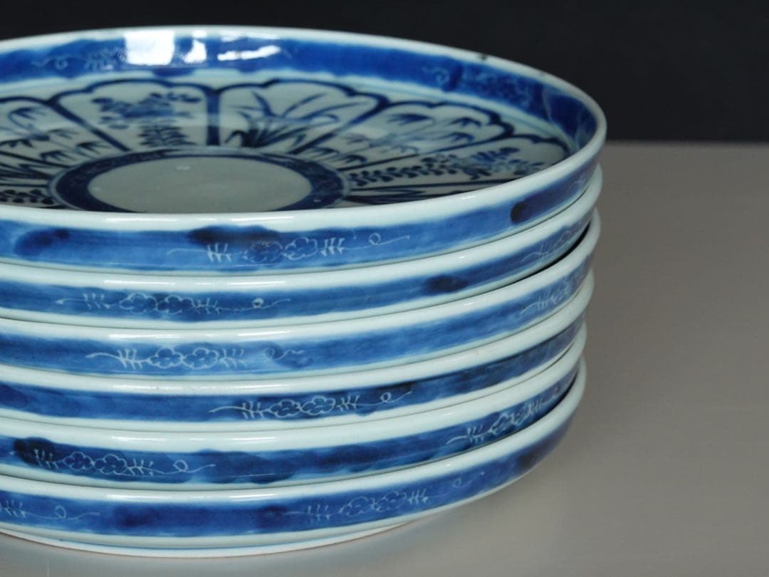 江戸時代 中期 古伊万里 染付 墨弾き 草花文 皿 6客 リム皿 七寸皿 中