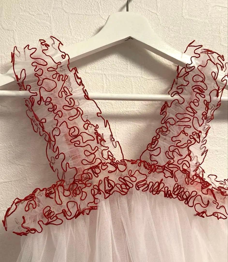 七五三　チュール　フリル　ドレス　被布　白　赤　レトロ　着物　エプロン